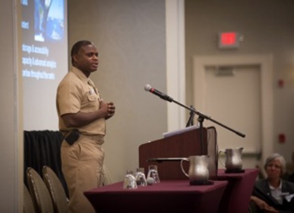 Capt. Mark Glover, USN, commanding officer of Space and Naval Warfare Systems Center Atlantic, kicks off the Big Data in the Maritime Battlespace Symposium in October.